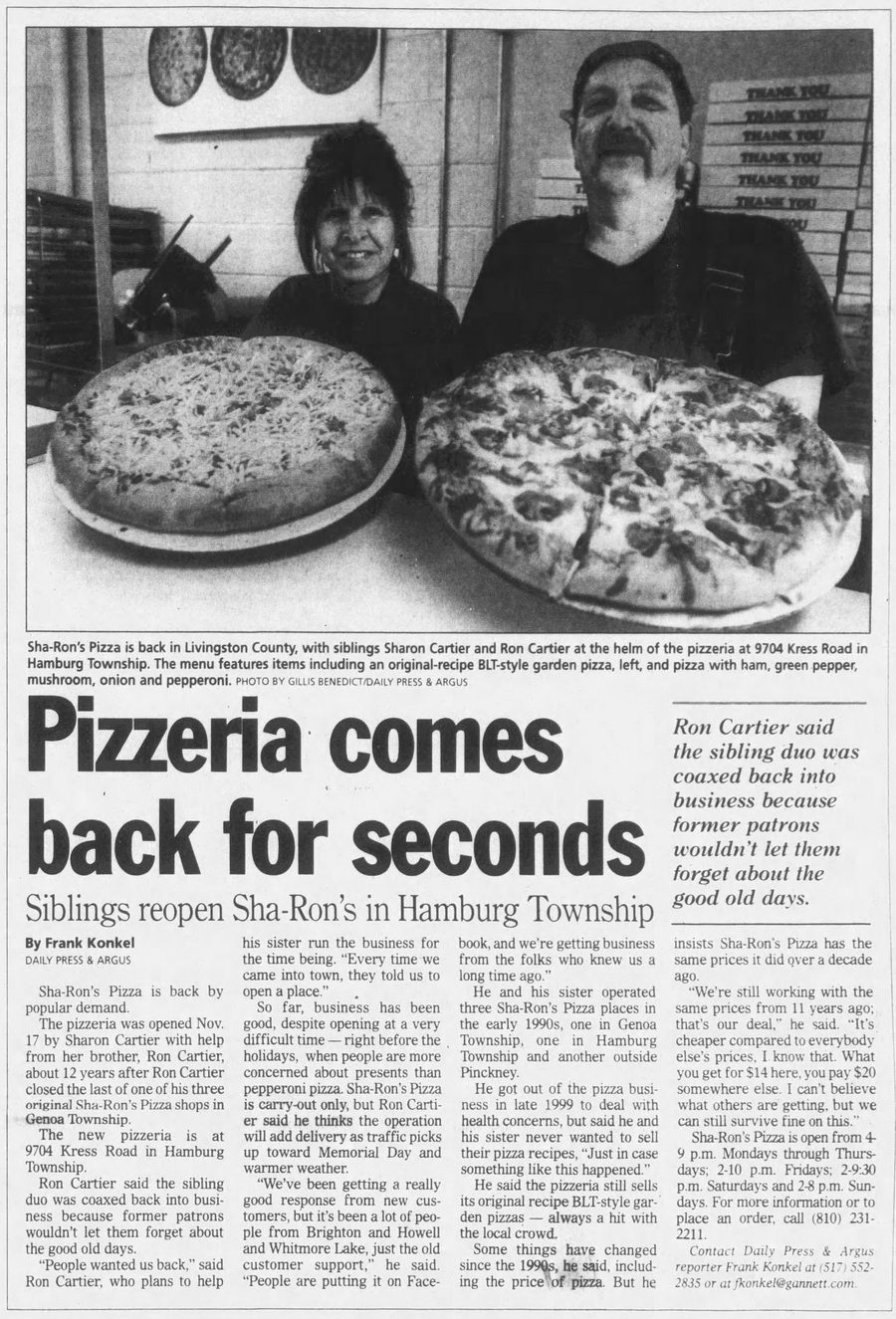 Sha-Rons Pizza (Sharons Pizza) - Jan 16 2012 Article On Pizza Chain